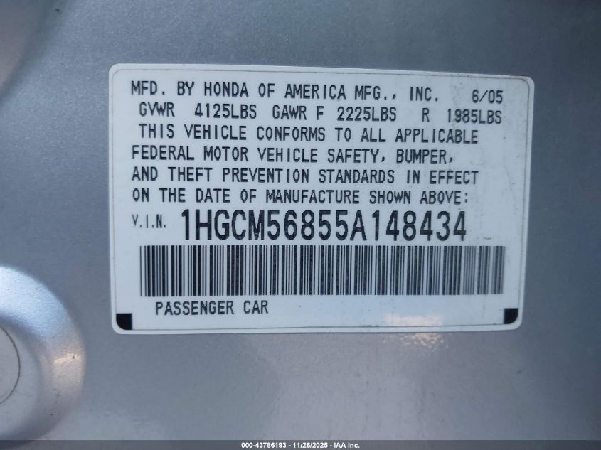 2005 Honda Accord Ex VIN: 1HGCM56855A148131 Lot: 43786193