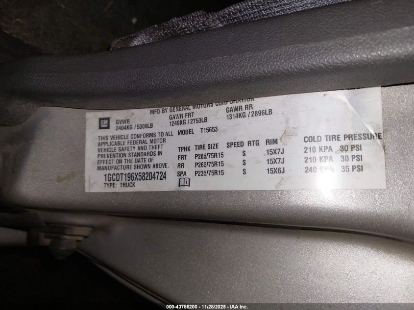 2005 Chevrolet Colorado Ls VIN: 1GCDT196X58204724 Lot: 43786200