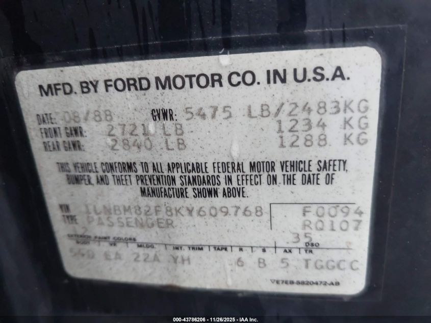 1989 Lincoln Town Car Signature VIN: 1LNBM82F8KY609768 Lot: 43786206