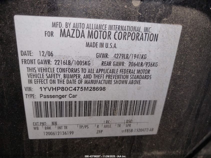 2007 Mazda Mazda6 I Sport Ve VIN: 1YVHP80C475M28698 Lot: 43786207
