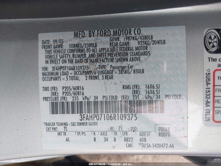 2006 Ford Fusion Se VIN: 3FAHP07106R109375 Lot: 43786226