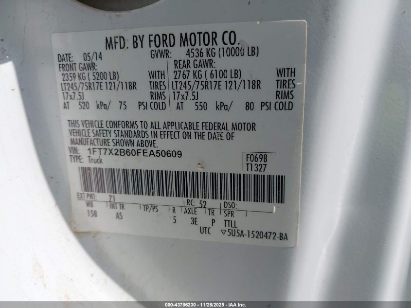 2015 Ford F-250 Xl VIN: 1FT7X2B60FEA50609 Lot: 43786230