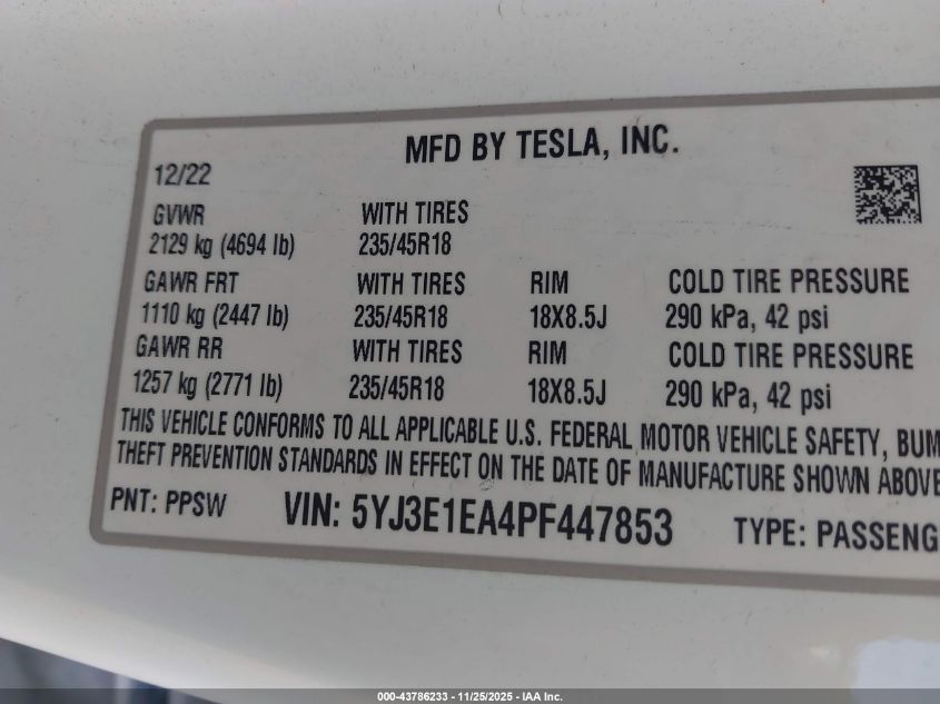 2023 Tesla Model 3 Rear-Wheel Drive VIN: 5YJ3E1EA4PF447853 Lot: 43786233