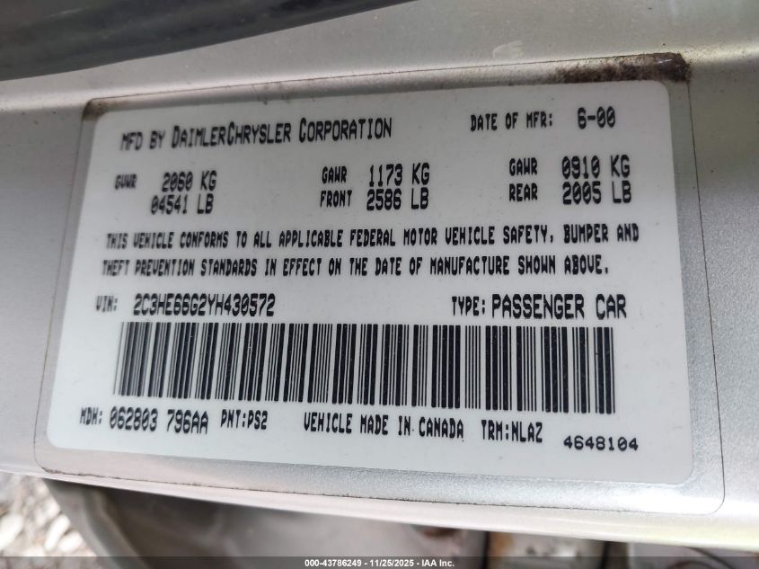 2000 Chrysler 300M VIN: 2C3HE66G2YH430572 Lot: 43786249