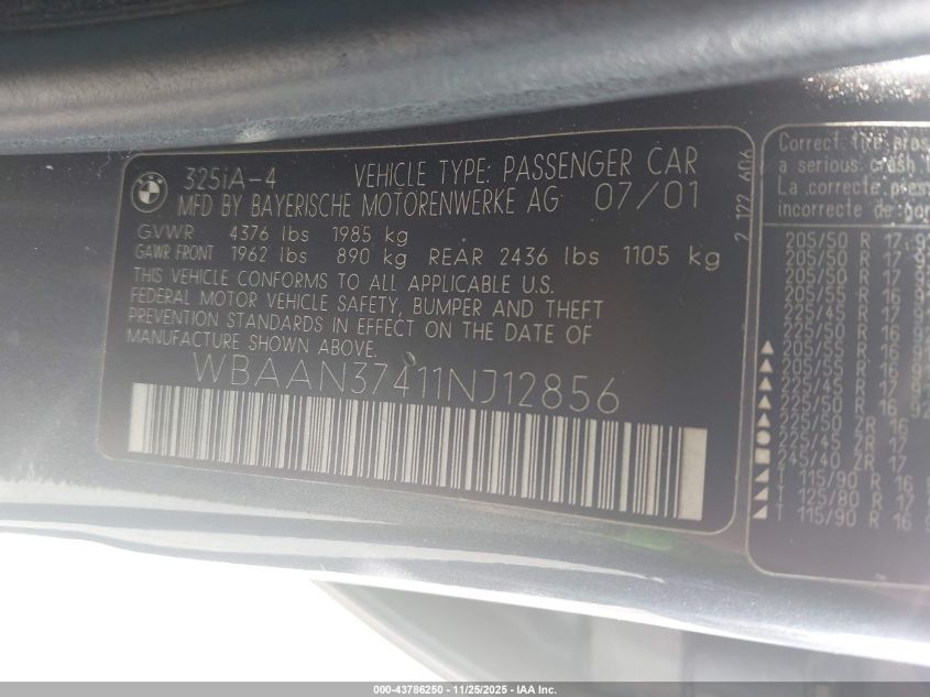 2001 BMW 325I VIN: WBAAN37411NJ12856 Lot: 43786250
