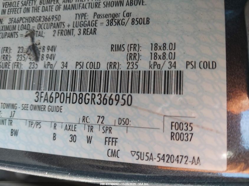 2016 Ford Fusion Se VIN: 3FA6P0HD8GR366950 Lot: 43786252