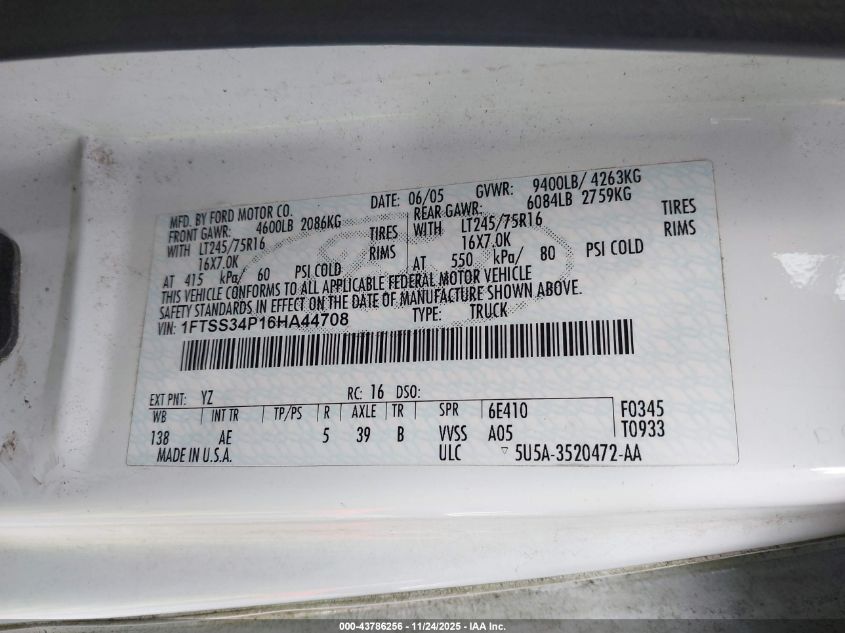 2006 Ford E-350 Super Duty Commercial/Recreational VIN: 1FTSS34P16HA44708 Lot: 43786256