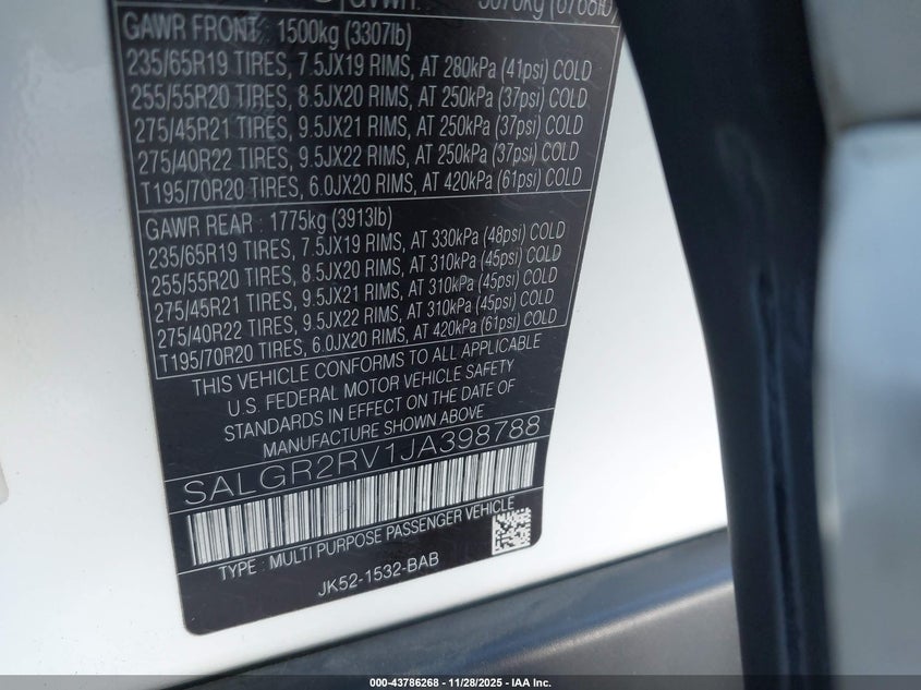 SALGR2RV1JA398788 2018 LAND ROVER RANGE ROVER photo no. 9
