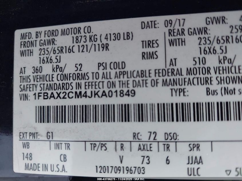 2018 Ford Transit-350 Xlt VIN: 1FBAX2CM4JKA01849 Lot: 43786275