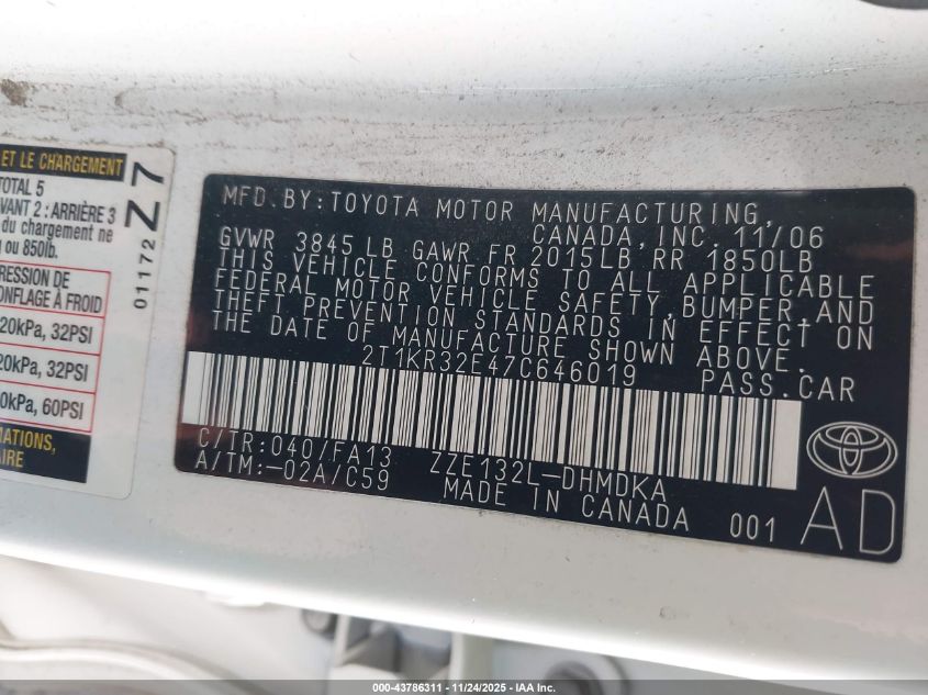 2007 Toyota Matrix VIN: 2T1KR32E47C646019 Lot: 43786311