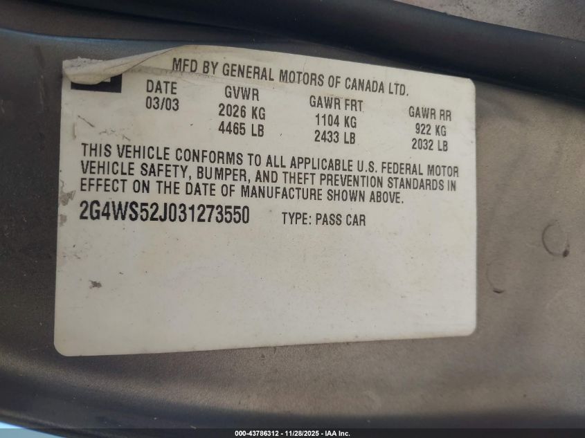 2003 Buick Century Custom VIN: 2G4WS52J031273550 Lot: 43786312