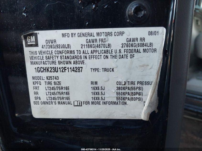 2002 Chevrolet Silverado 2500Hd Lt VIN: 1GCHK23U12F114287 Lot: 43786314