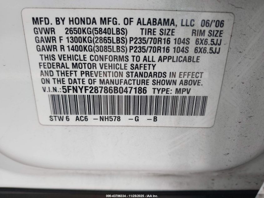 2006 Honda Pilot Ex-L VIN: 5FNYF28786B047186 Lot: 43786334