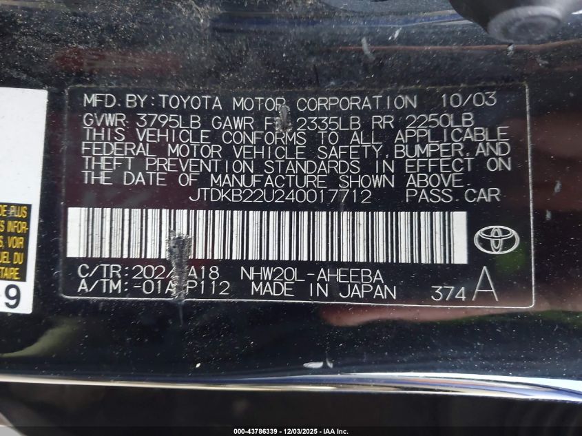2004 Toyota Prius VIN: JTDKB22U240017712 Lot: 43786339