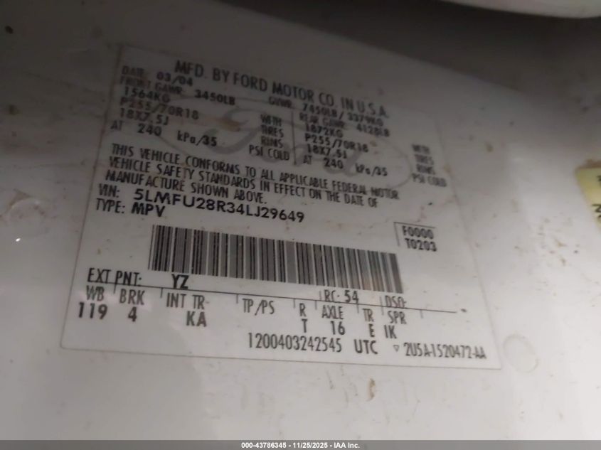 2004 Lincoln Navigator VIN: 5LMFU28R34LJ29649 Lot: 43786345