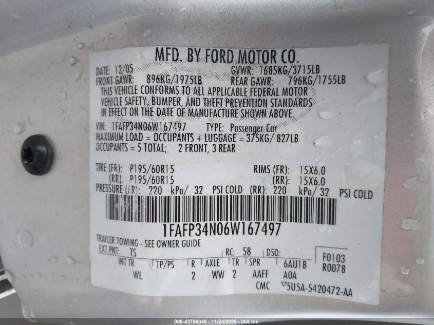 2006 Ford Focus Zx4 VIN: 1FAFP34N06W167497 Lot: 43786346