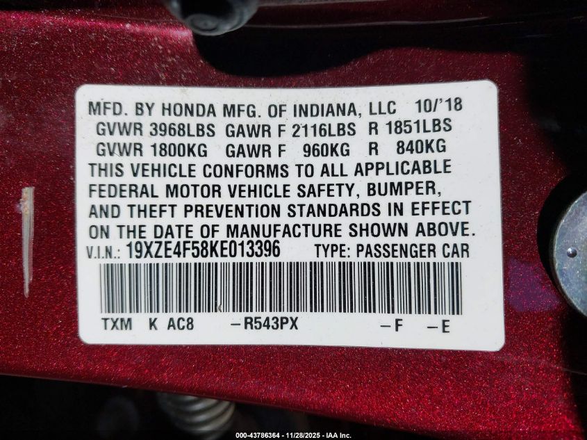 2019 Honda Insight Ex VIN: 19XZE4F58KE013396 Lot: 43786364