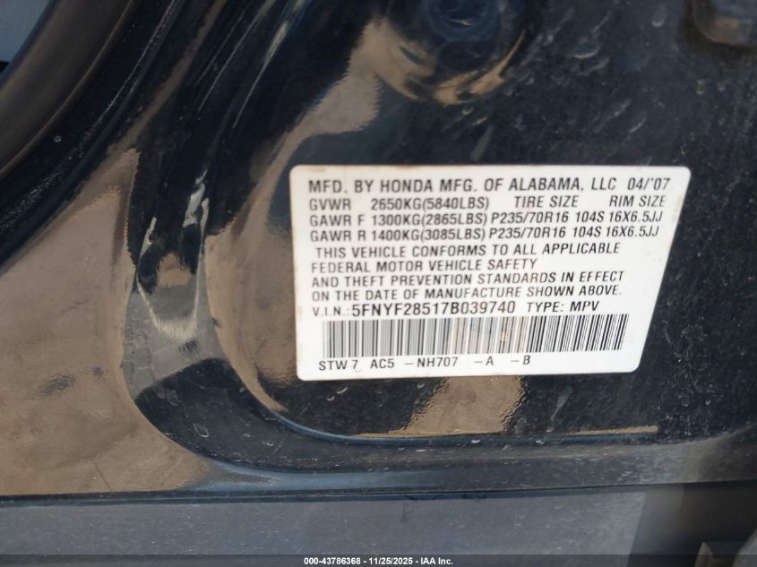 2007 Honda Pilot Ex-L VIN: 5FNYF28517B039740 Lot: 43786368