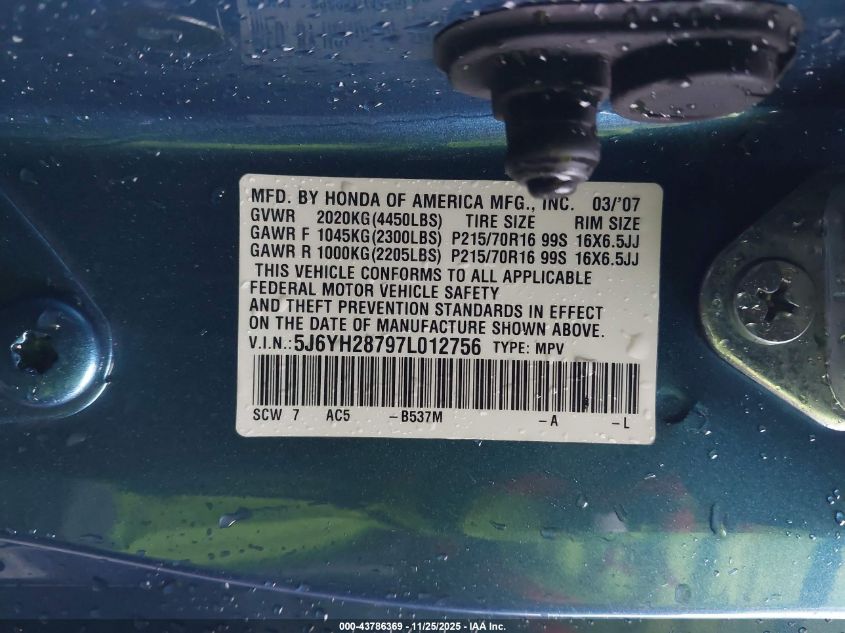 2007 Honda Element Ex VIN: 5J6YH28797L012756 Lot: 43786369