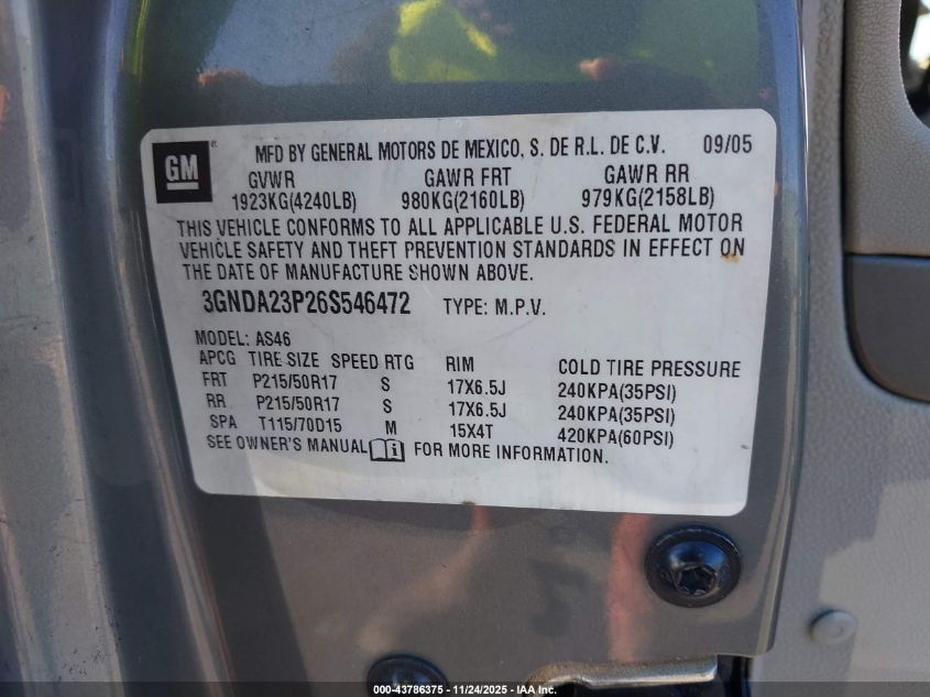 2006 Chevrolet Hhr Lt VIN: 3GNDA23P26S546472 Lot: 43786375