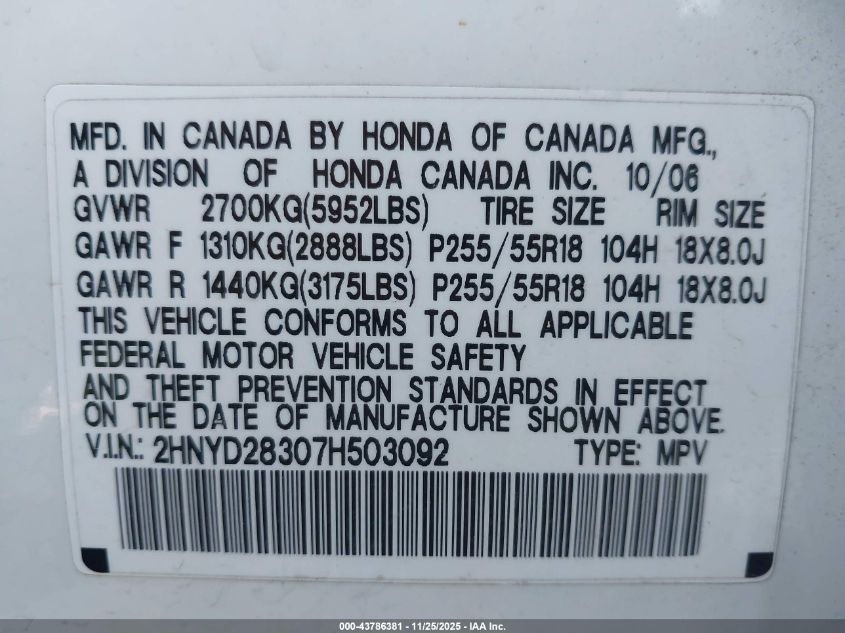 2007 Acura Mdx Technology Package VIN: 2HNYD28307H503092 Lot: 43786381