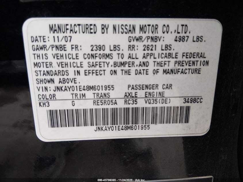 2008 Infiniti M35 VIN: JNKAY01E48M601955 Lot: 43786385