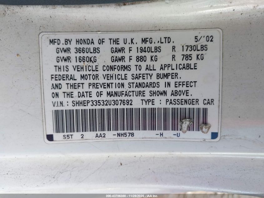 2002 Honda Civic Si VIN: SHHEP33532U307692 Lot: 43786388