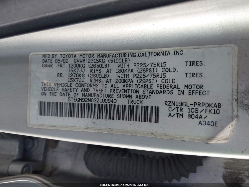 2002 Toyota Tacoma Prerunner VIN: 5TEGM92N02Z100943 Lot: 43786389