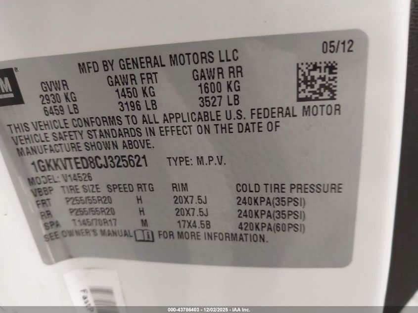 2012 GMC Acadia Denali VIN: 1GKKVTED8CJ325621 Lot: 43786403