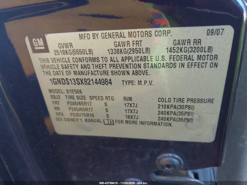 2008 Chevrolet Trailblazer Lt VIN: 1GNDS13SX82144984 Lot: 43786415