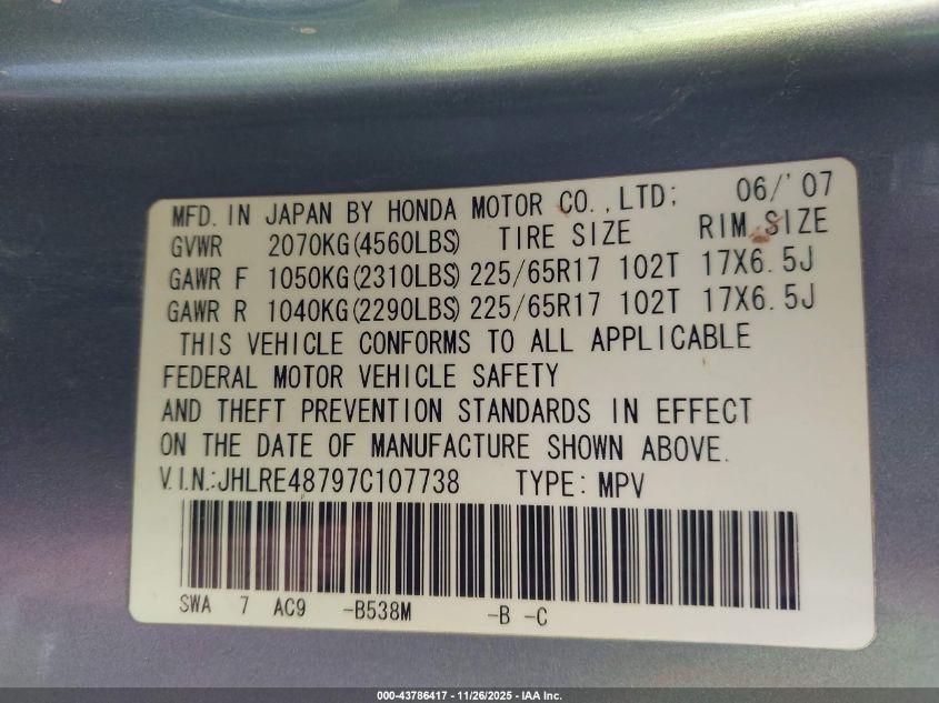 2007 Honda Cr-V Ex-L VIN: JHLRE48797C107738 Lot: 43786417