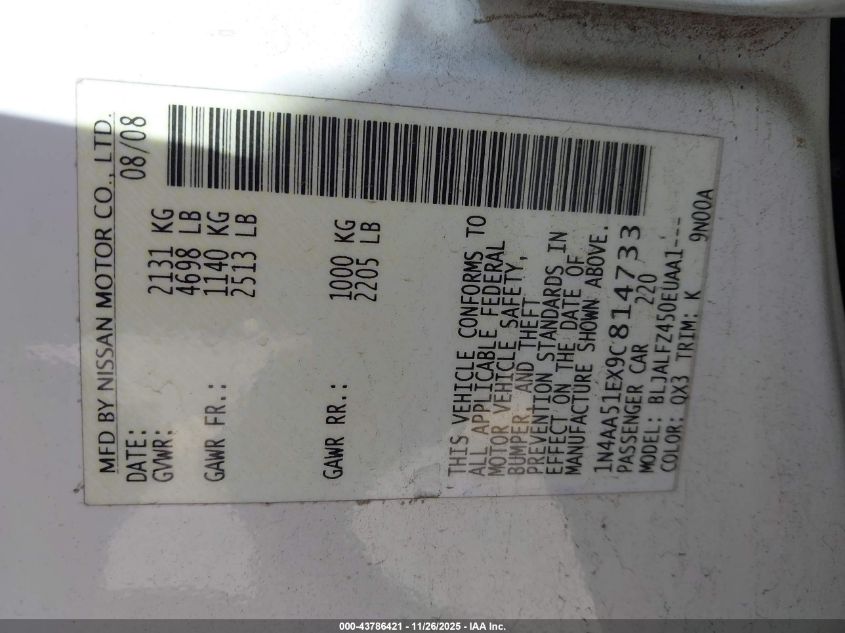 2009 Nissan Maxima 3.5 Sv VIN: 1N4AA51EX9C814733 Lot: 43786421