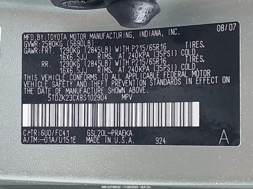 2008 Toyota Sienna Le VIN: 5TDZK23CX8S102904 Lot: 43786422