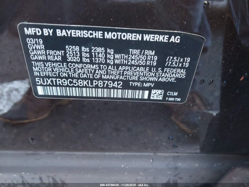 2019 BMW X3 xDrive30I VIN: 5UXTR9C58KLP87942 Lot: 43786428