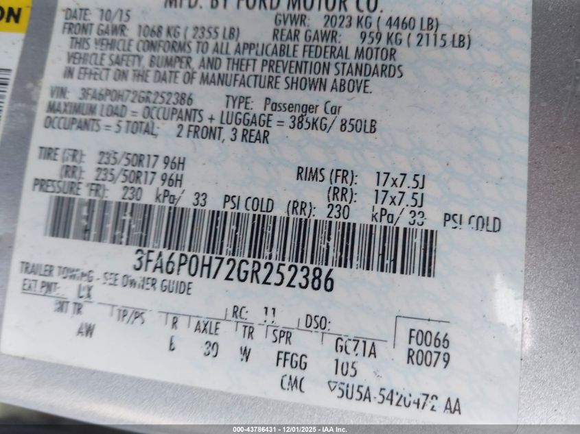 2016 Ford Fusion Se VIN: 3FA6P0H72GR252386 Lot: 43786431