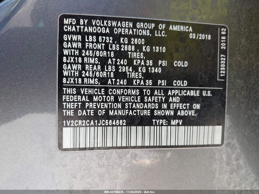 2018 Volkswagen Atlas 3.6L V6 Se VIN: 1V2CR2CA1JC564662 Lot: 43786436