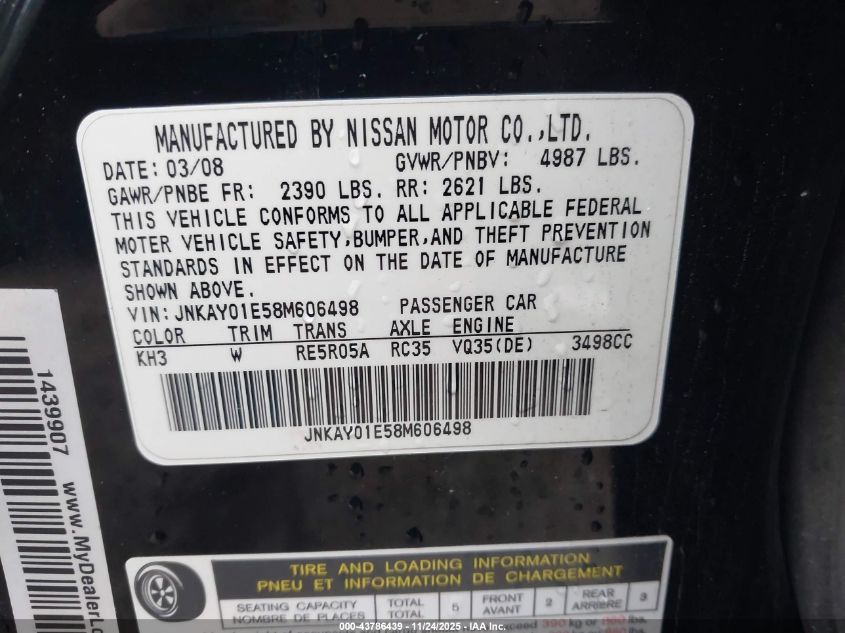 2008 Infiniti M35 VIN: JNKAY01E58M606498 Lot: 43786439