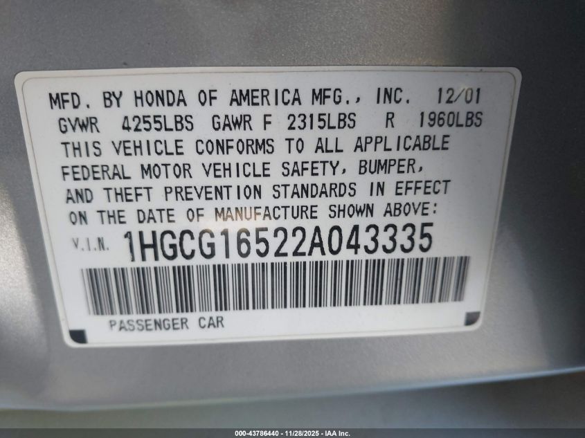 2002 Honda Accord 3.0 Ex VIN: 1HGCG16522A043335 Lot: 43786440