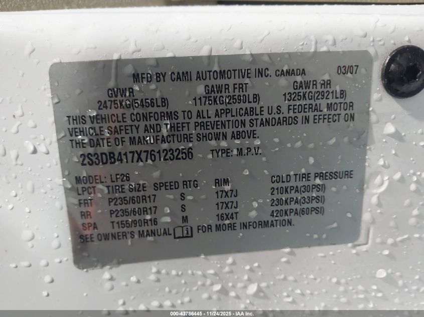 2007 Suzuki Xl7 Luxury VIN: 2S3DB417X76123256 Lot: 43786445