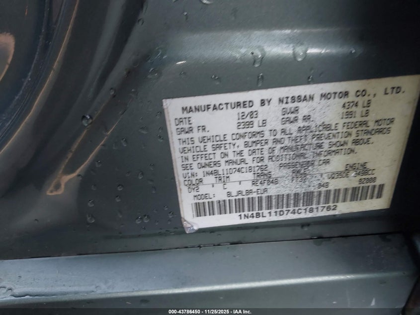 2004 Nissan Altima 3.5 Se VIN: 1N4BL11D74C181762 Lot: 43786450