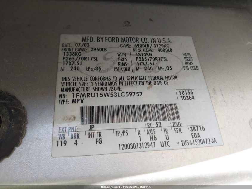 2003 Ford Expedition Xlt VIN: 1FMRU15W53LC59757 Lot: 43786481