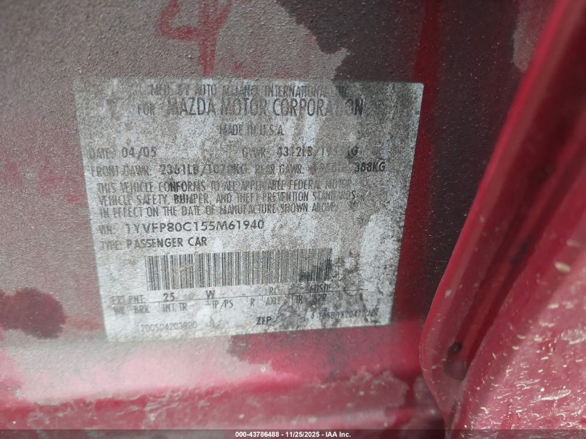 2005 Mazda Mazda6 I Base VIN: 1YVFP80C155M61940 Lot: 43786488