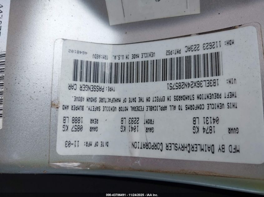 2004 Dodge Stratus Se VIN: 1B3EL36X24N285751 Lot: 43786491