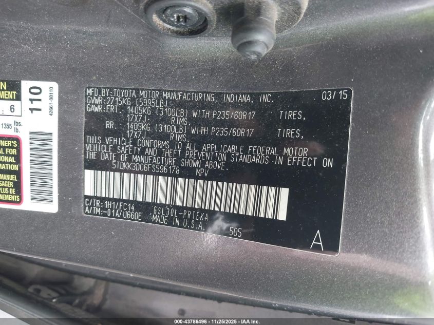 2015 Toyota Sienna Le 8 Passenger VIN: 5TDKK3DC6FS596178 Lot: 43786496