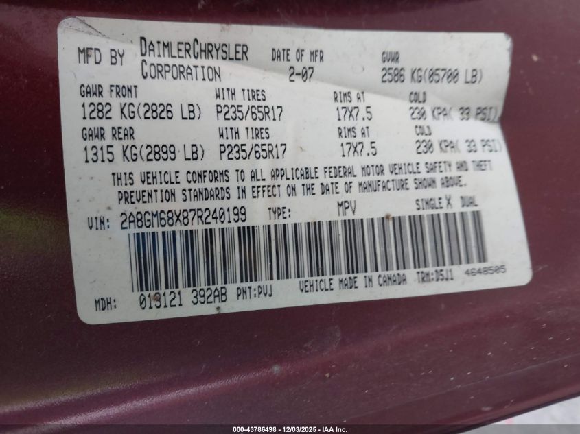 2007 Chrysler Pacifica Touring VIN: 2A8GM68X87R240199 Lot: 43786498