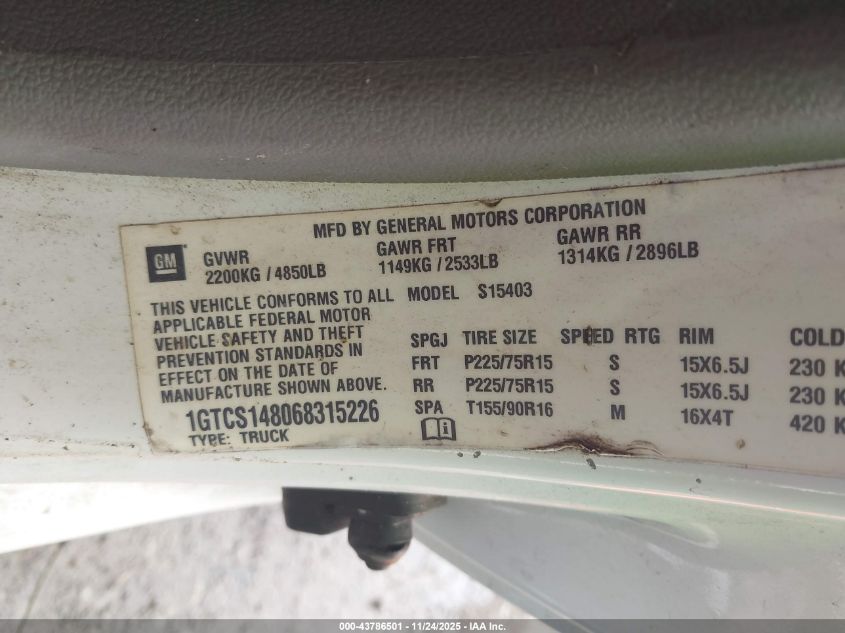 2006 GMC Canyon Sl VIN: 1GTCS148068315226 Lot: 43786501