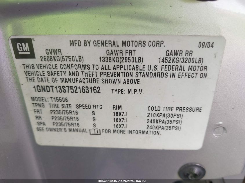 2005 Chevrolet Trailblazer Ls VIN: 1GNDT13S752163162 Lot: 43786515