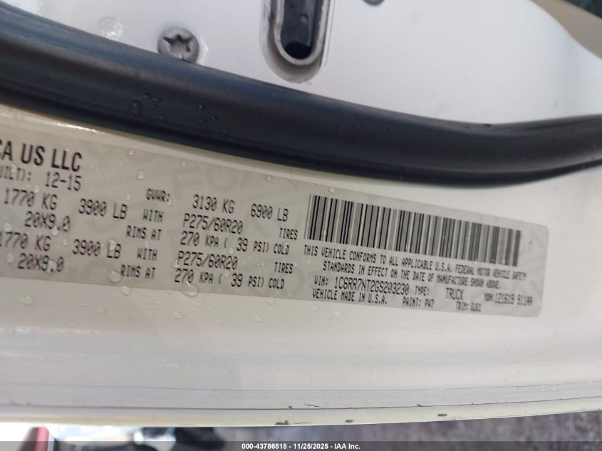 2016 Ram 1500 Laramie VIN: 1C6RR7NT2GS203230 Lot: 43786518