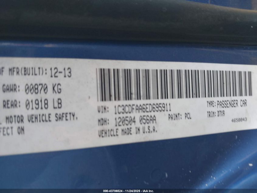 2014 Dodge Dart Se VIN: 1C3CDFAA6ED695911 Lot: 43786524