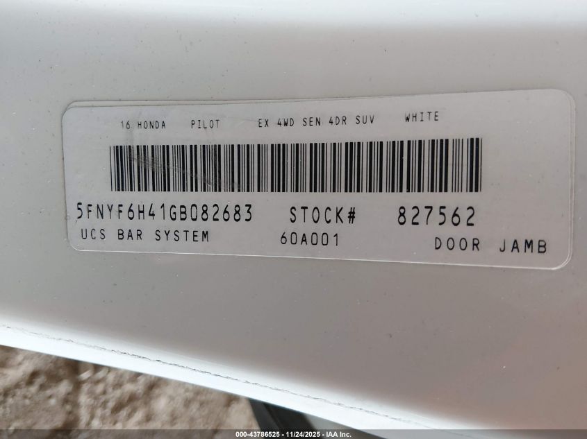 2016 Honda Pilot Ex VIN: 5FNYF6H41GB082683 Lot: 43786525